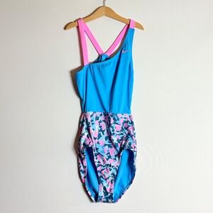 NEW Nike Girls‎ Large Swimsuit Blue Pink Strappy Open Back Athletic Sporty
